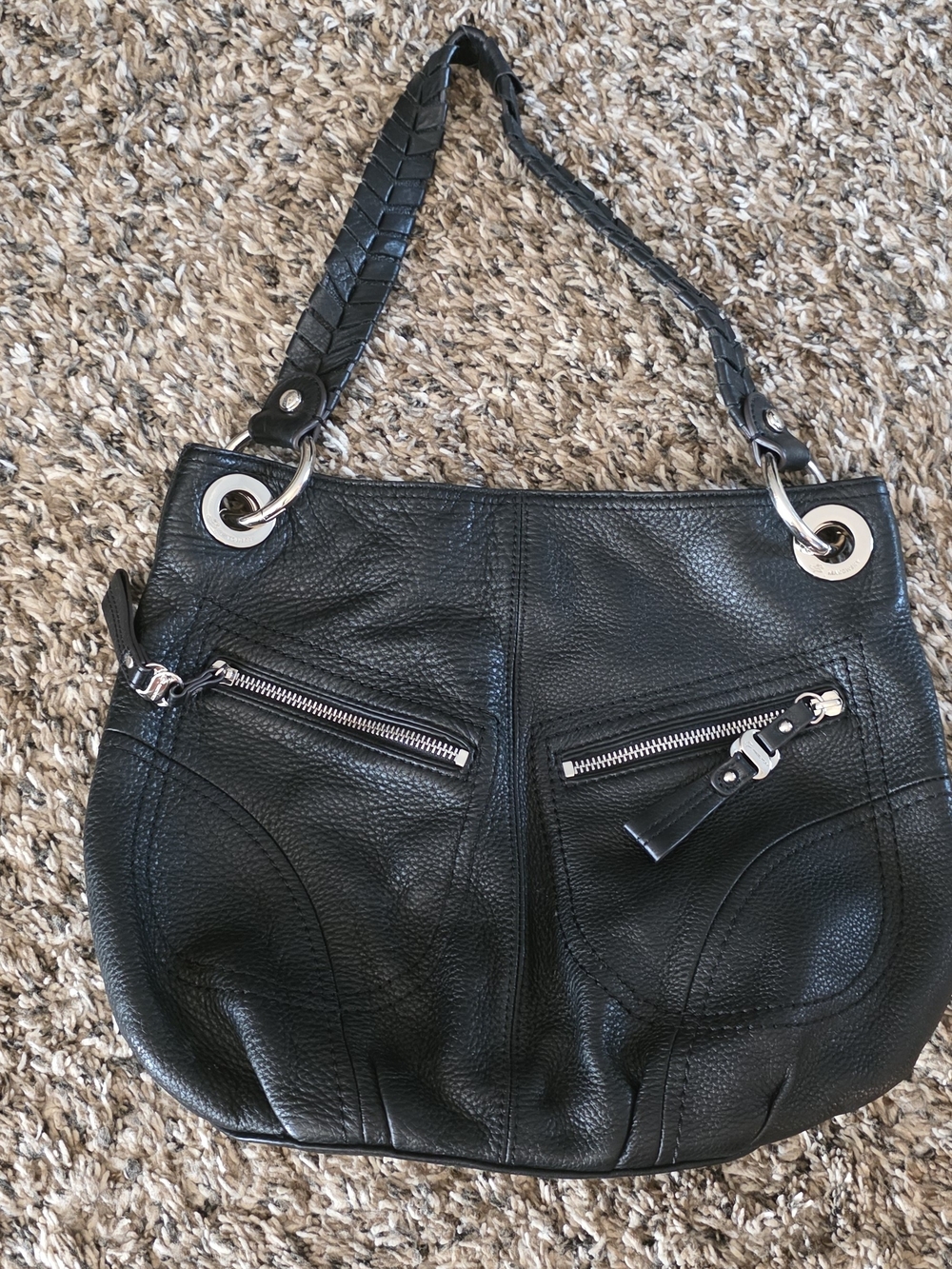 B Makowsky Black Leather Shoulder Bag with Front Zippers